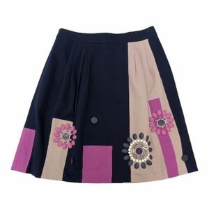 NWOT Boden Cotton Navy Pink Colorblock A-Line Full Skirt Knee Length Beaded 8R